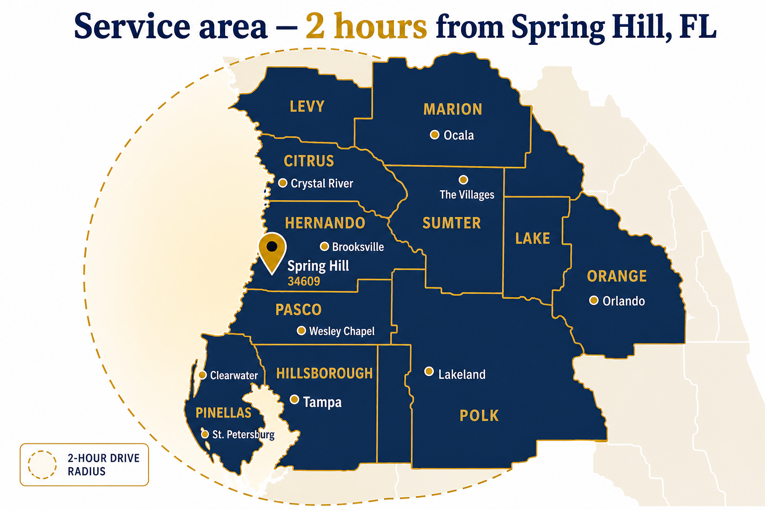 Map of the service area: counties within a two-hour drive of Spring Hill, Florida 34609